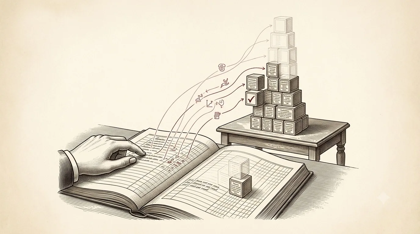 A hand re-reading a ledger to rebuild a scene of stacked blocks exactly as it stood before
