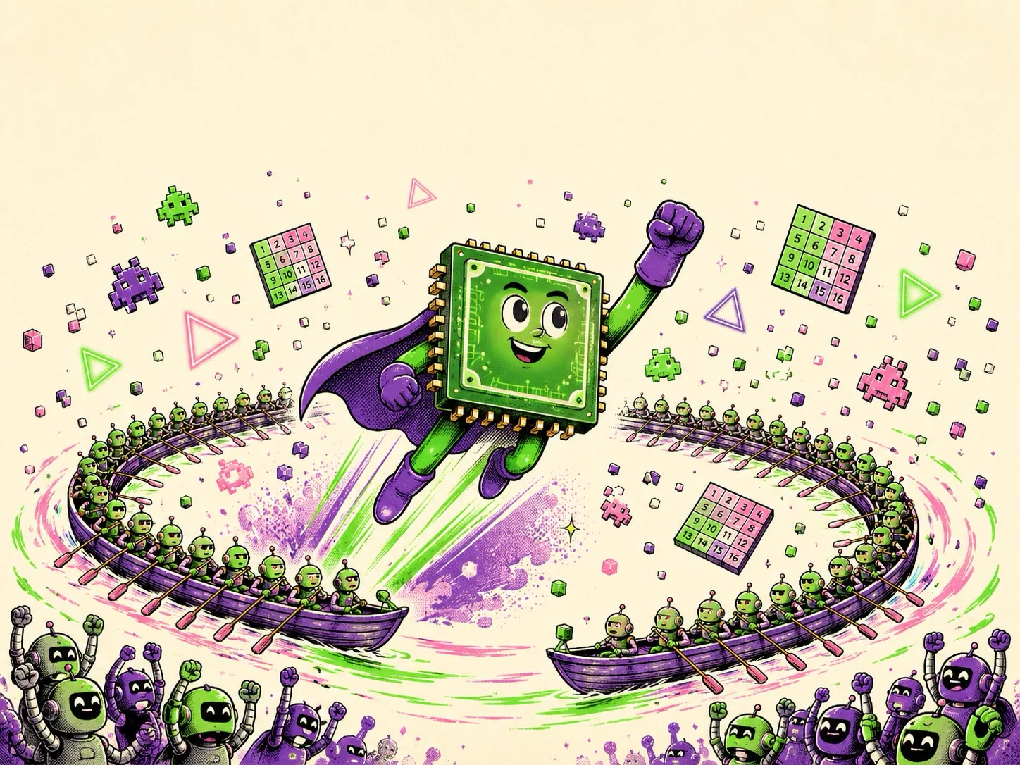 Zine-style cover art: a heroic cartoon GPU chip surrounded by pixels, matrices and robots