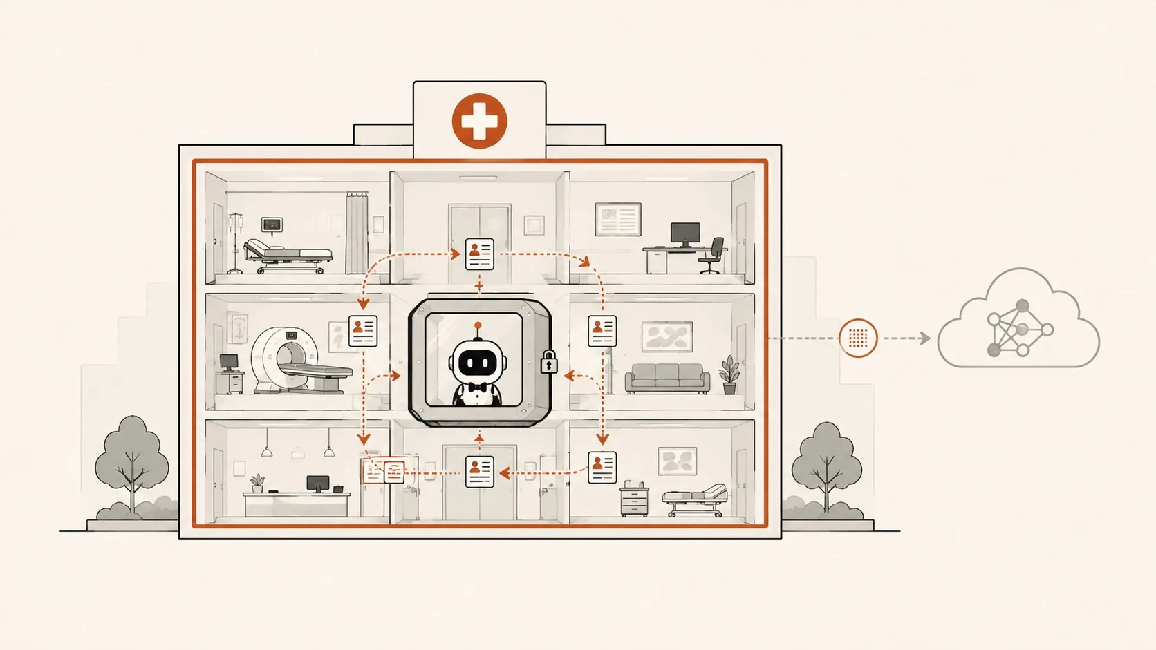 A hospital building with an agent running inside a sealed on-prem container, patient records staying within the walls